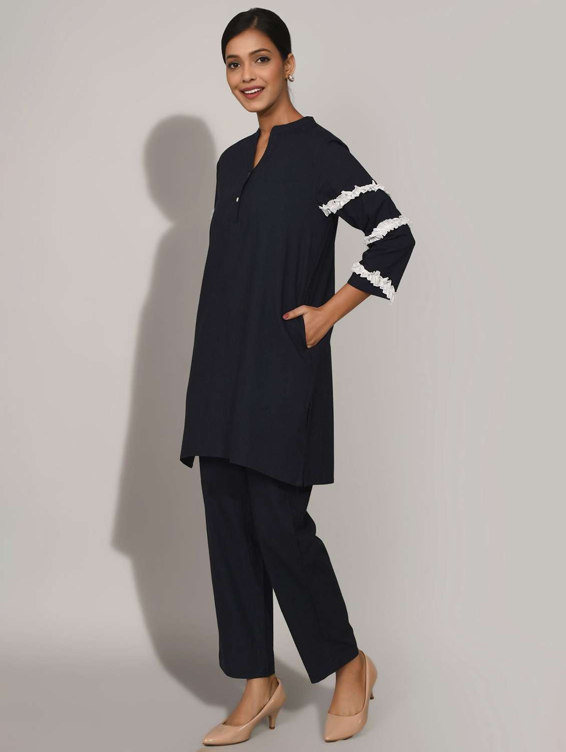 women solid with work three quarter sleeve ethnic co-ord set - 22273765 -  Standard Image - 3