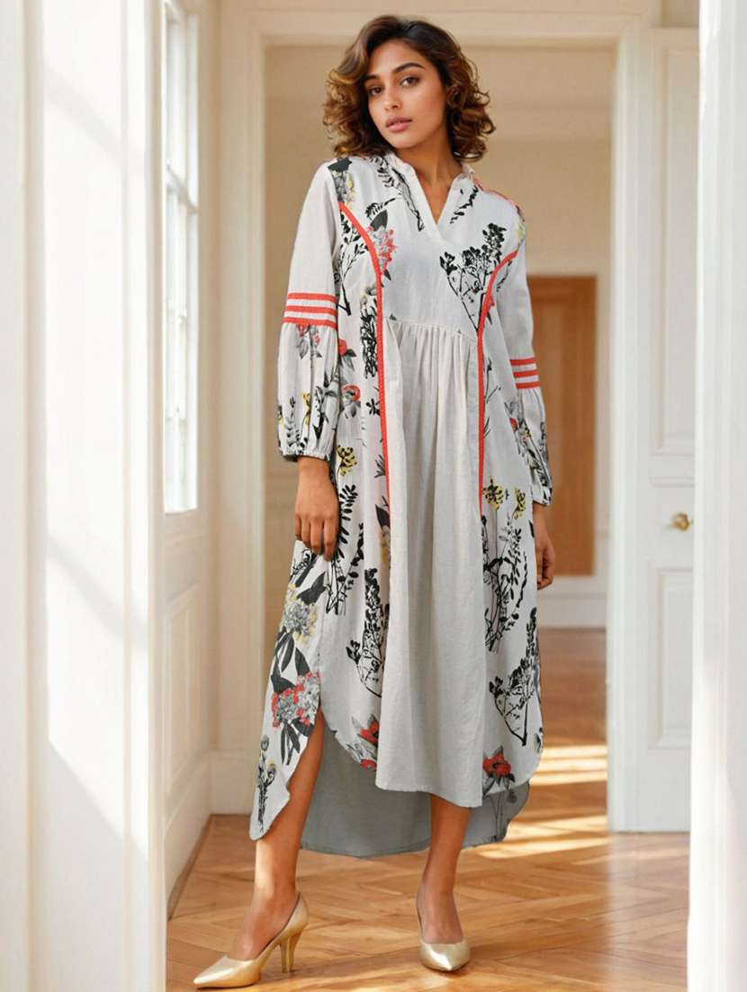 women printed puff sleeve high low dress