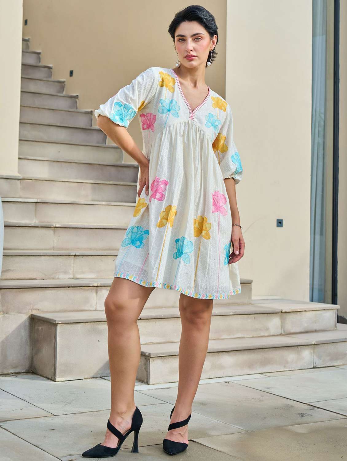 women floral print puff sleeve fit & flare dress