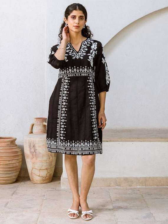 women embroidered puff sleeve fit & flare dress