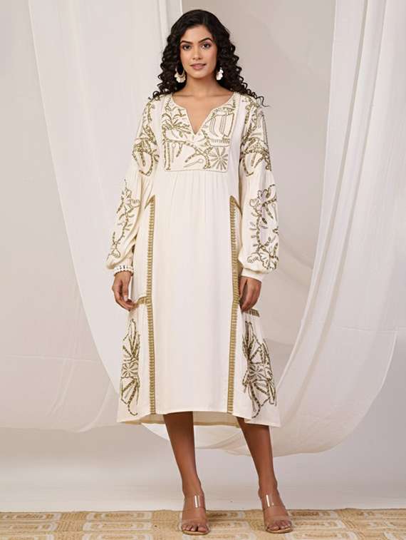 women embroidered puff sleeve a-line dress
