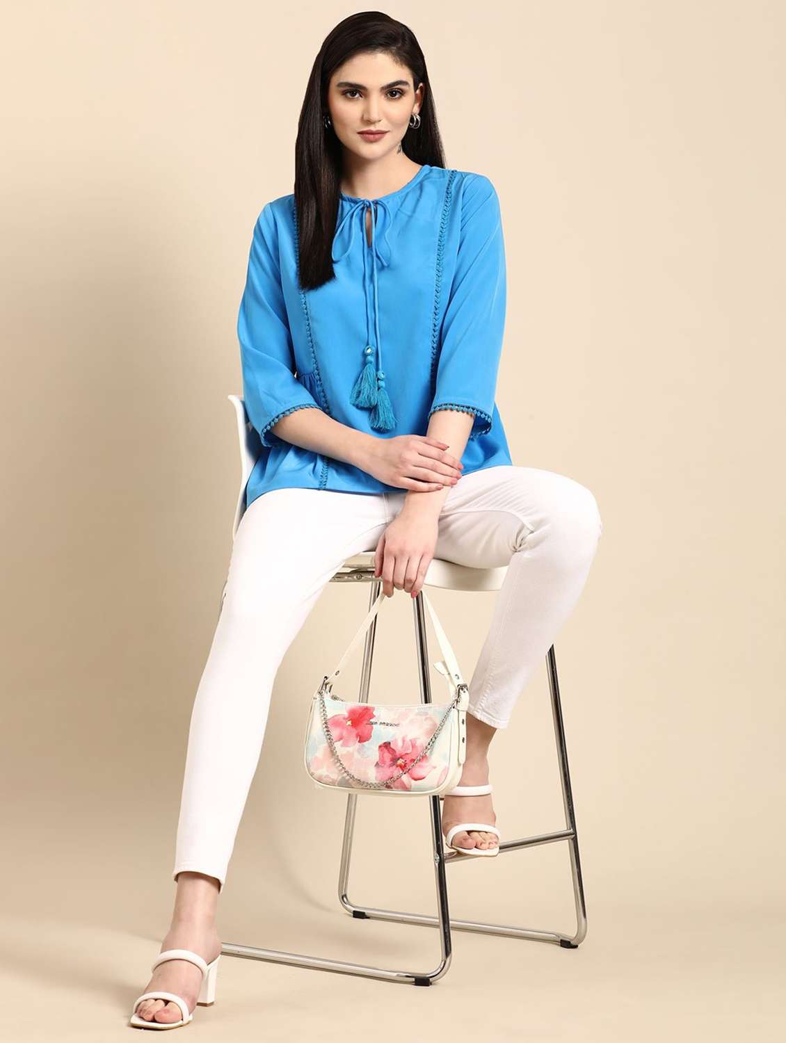 women solid three quarter sleeve tiered top - 22273811 -  Standard Image - 3