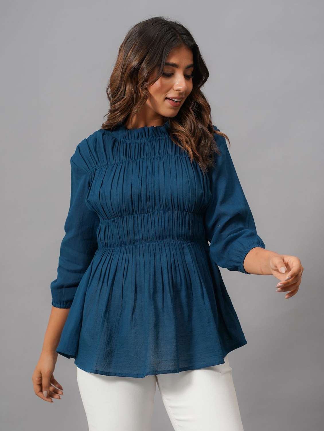 women solid puff sleeve peplum top