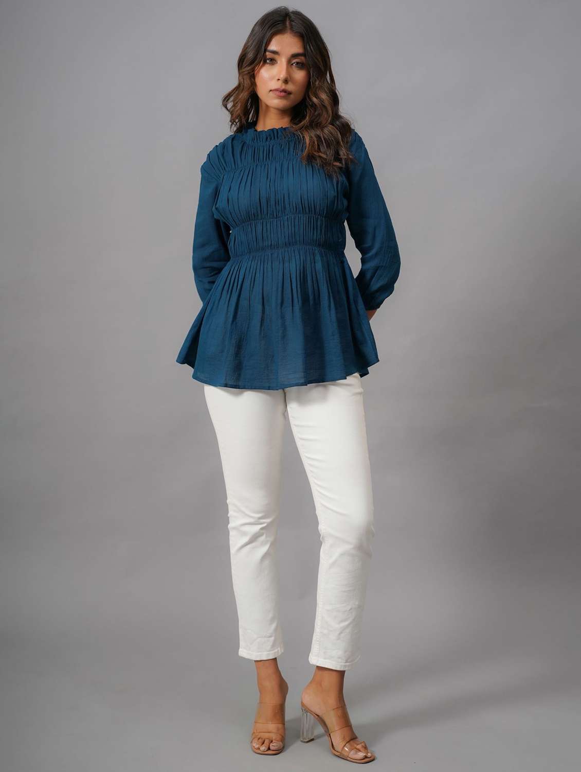 women solid puff sleeve peplum top - 22273814 -  Standard Image - 3
