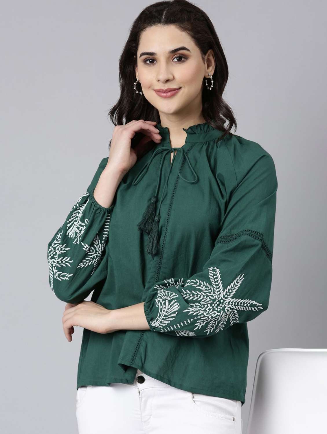 women embroidered puff sleeve a-line top