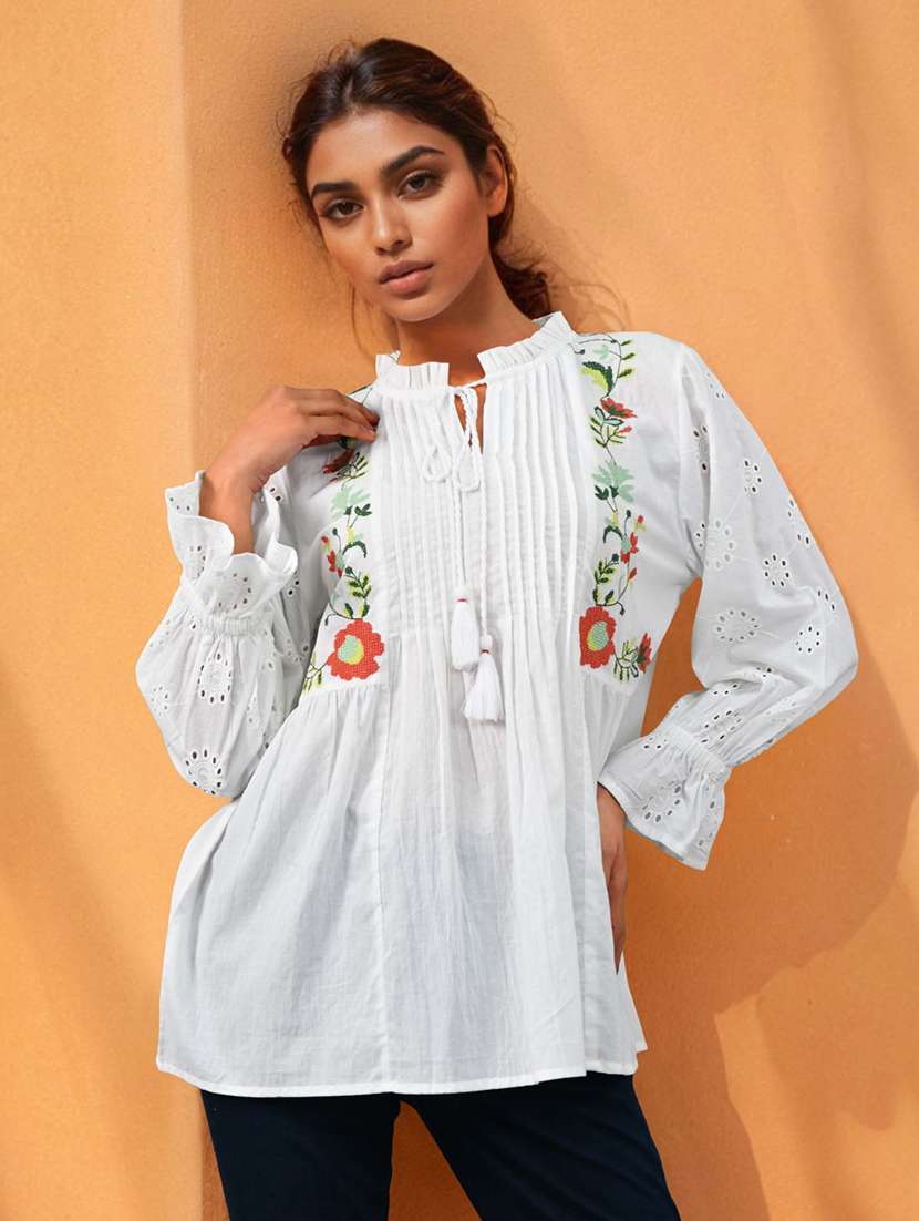 women embroidered bell sleeve a-line top