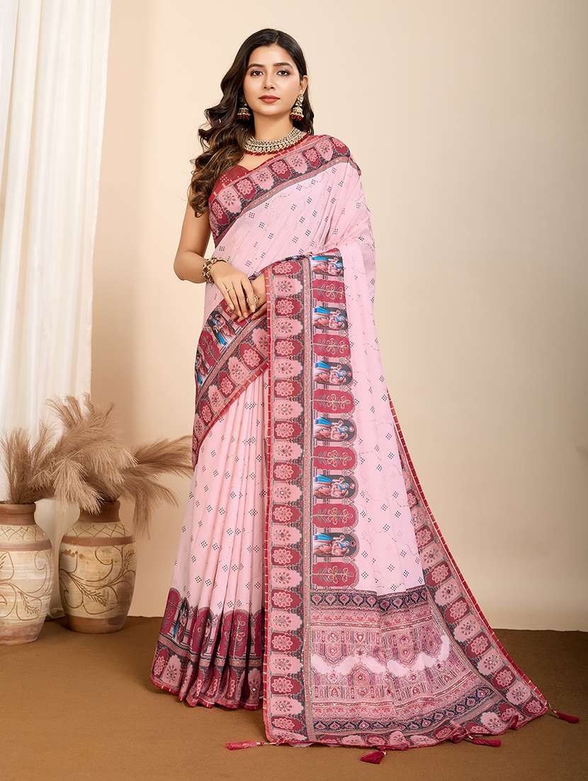 women printed embroidered saree with blouse