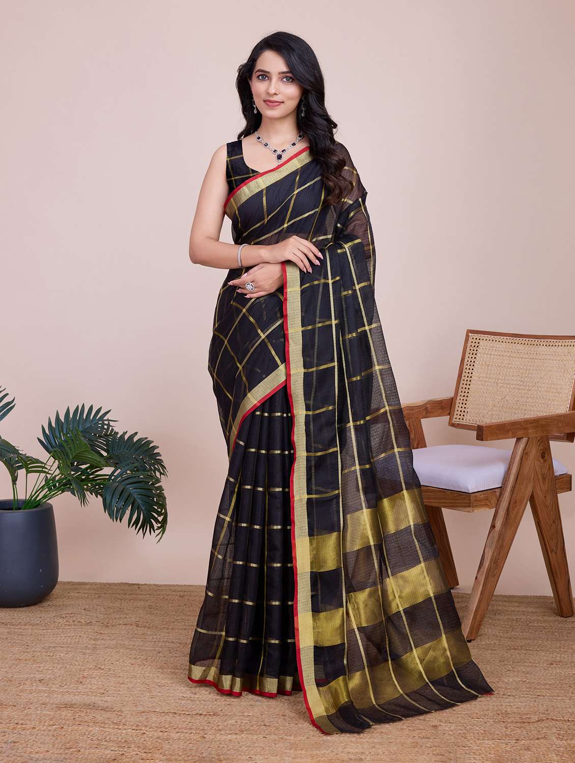 women checkered bordered saree with blouse