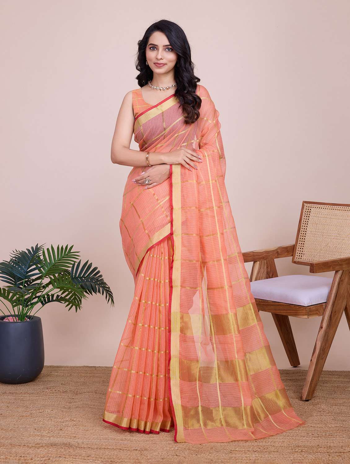 women checkered bordered saree with blouse