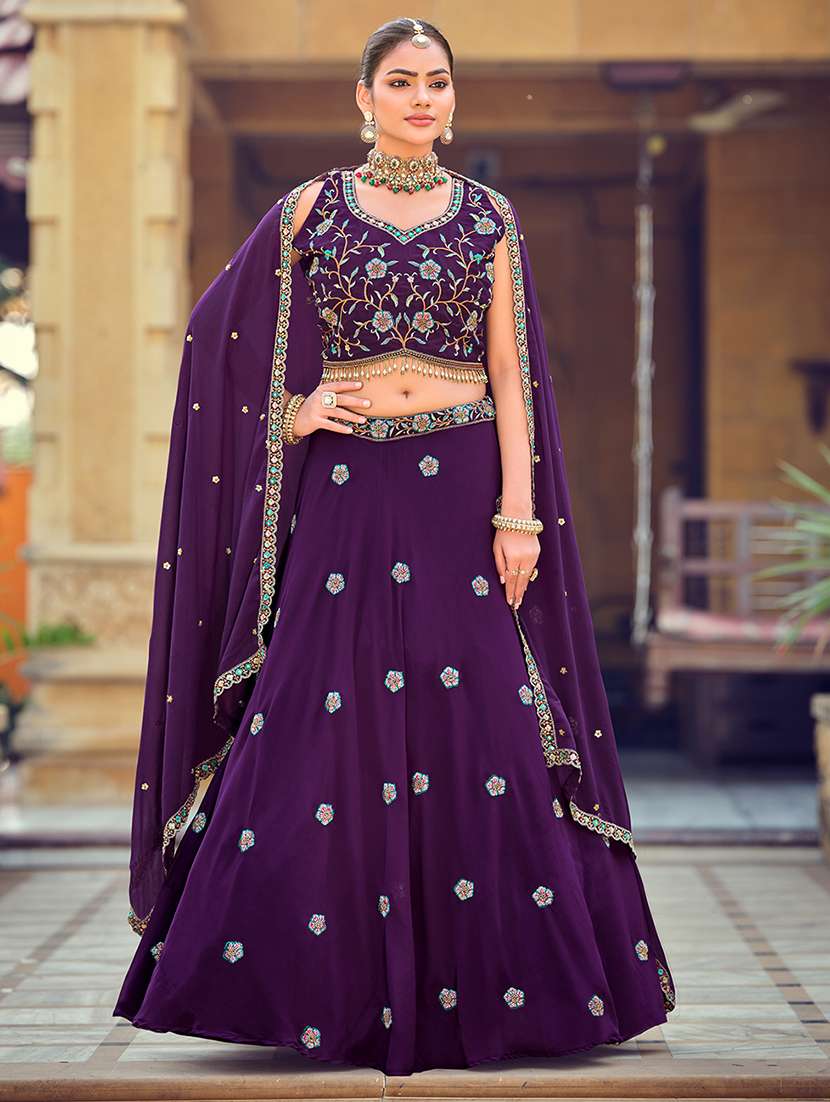 women solid with work semi stitched flared lehenga