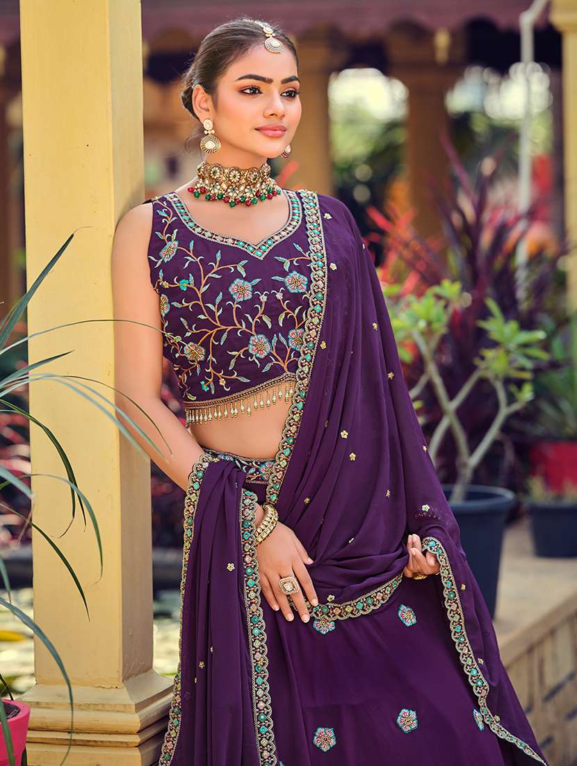 women solid with work semi stitched flared lehenga - 22274245 -  Standard Image - 3