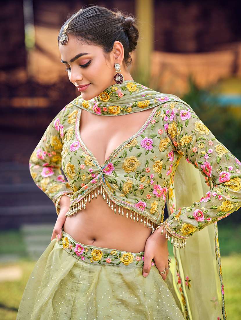 women solid with work semi stitched flared lehenga - 22274250 -  Standard Image - 3