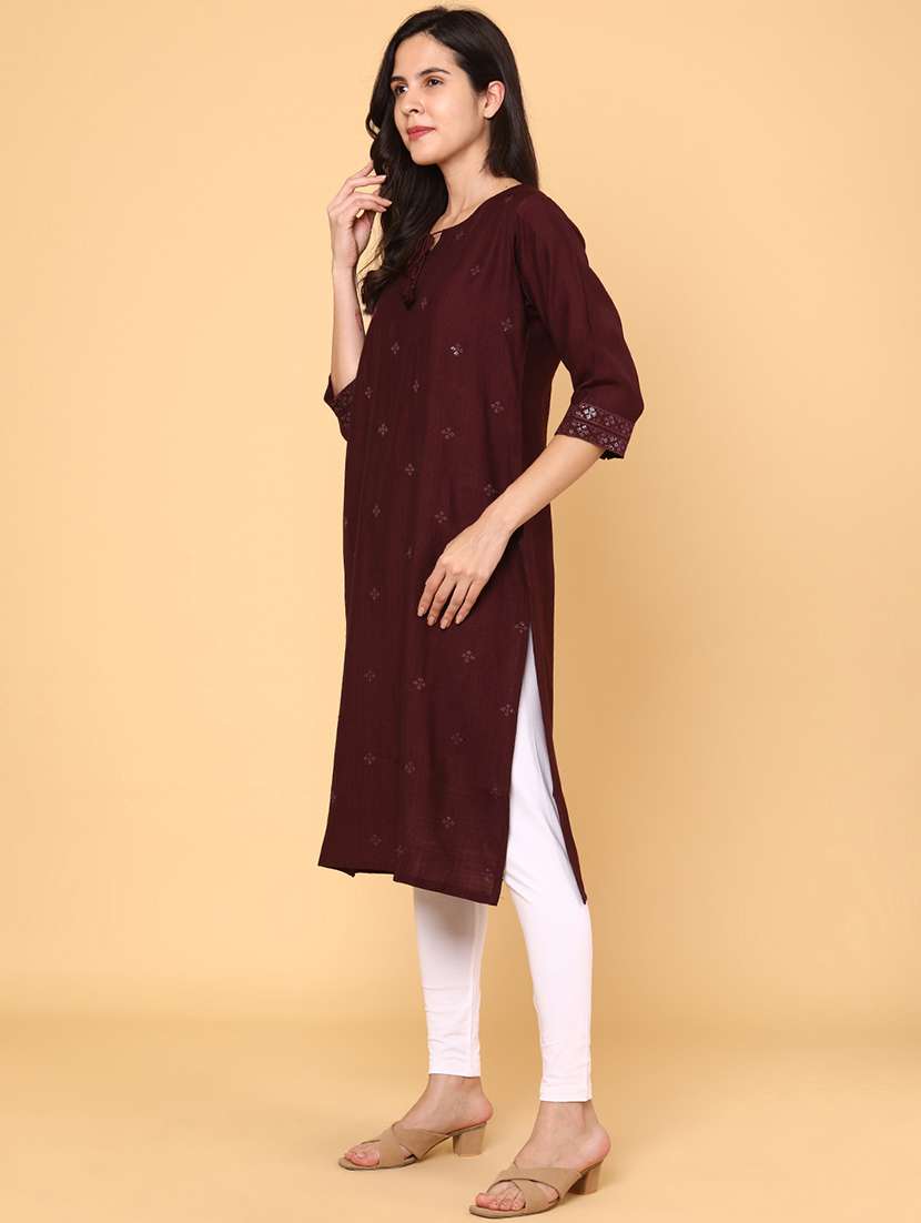 women solid with work three quarter sleeve straight kurta - 22274643 -  Standard Image - 3