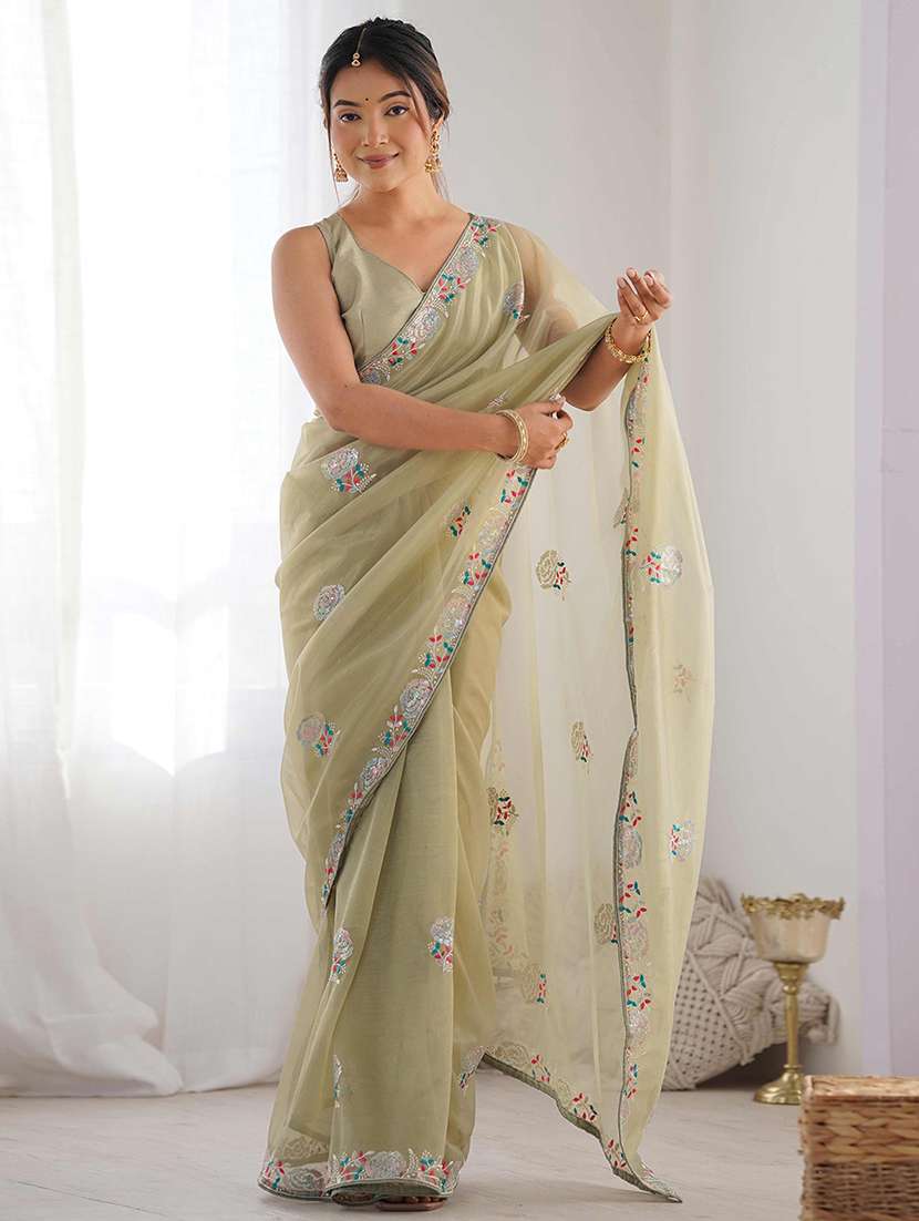 women solid with work embroidered saree with blouse
