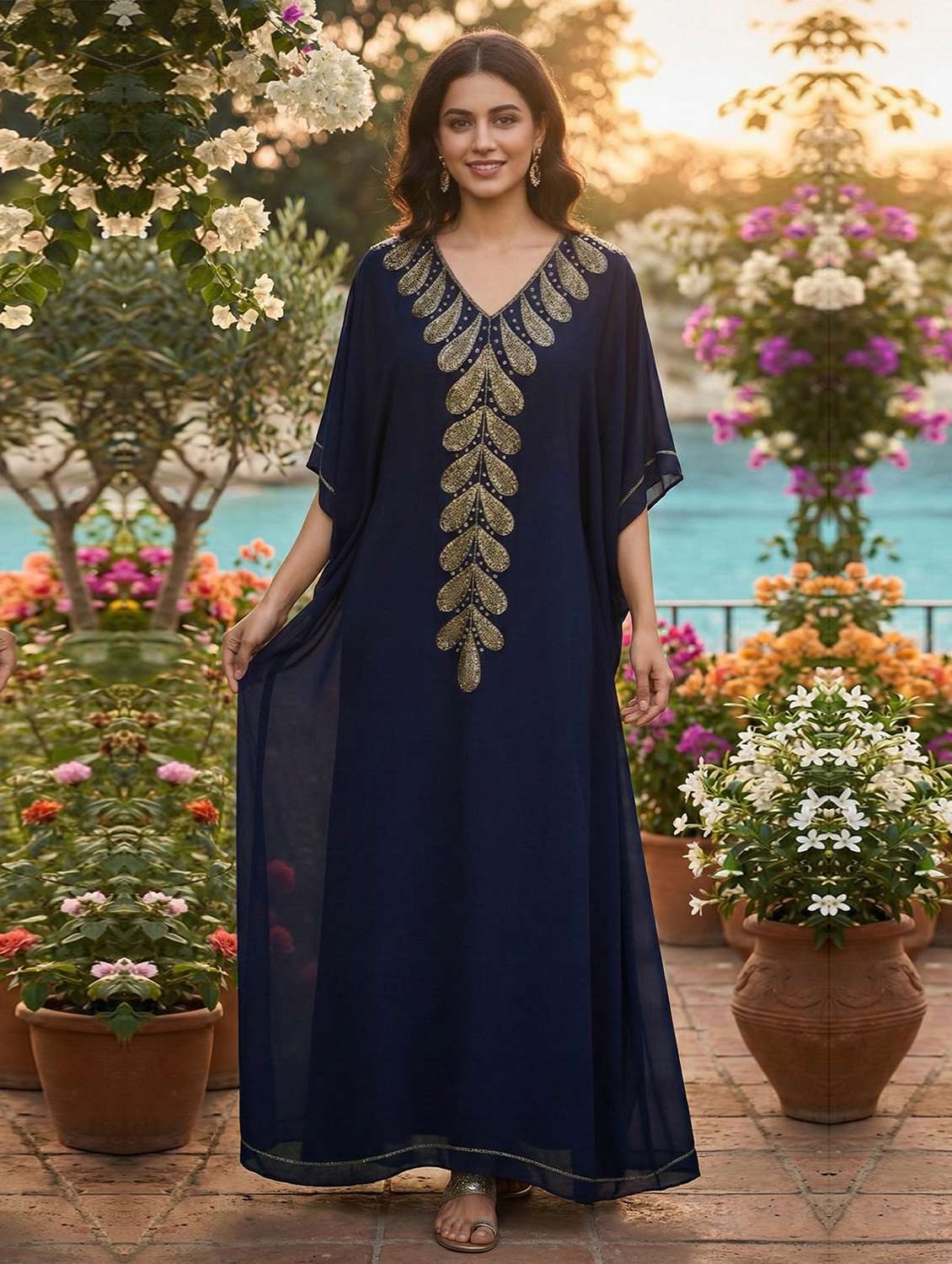 women embroidered kimono sleeve kaftan dress