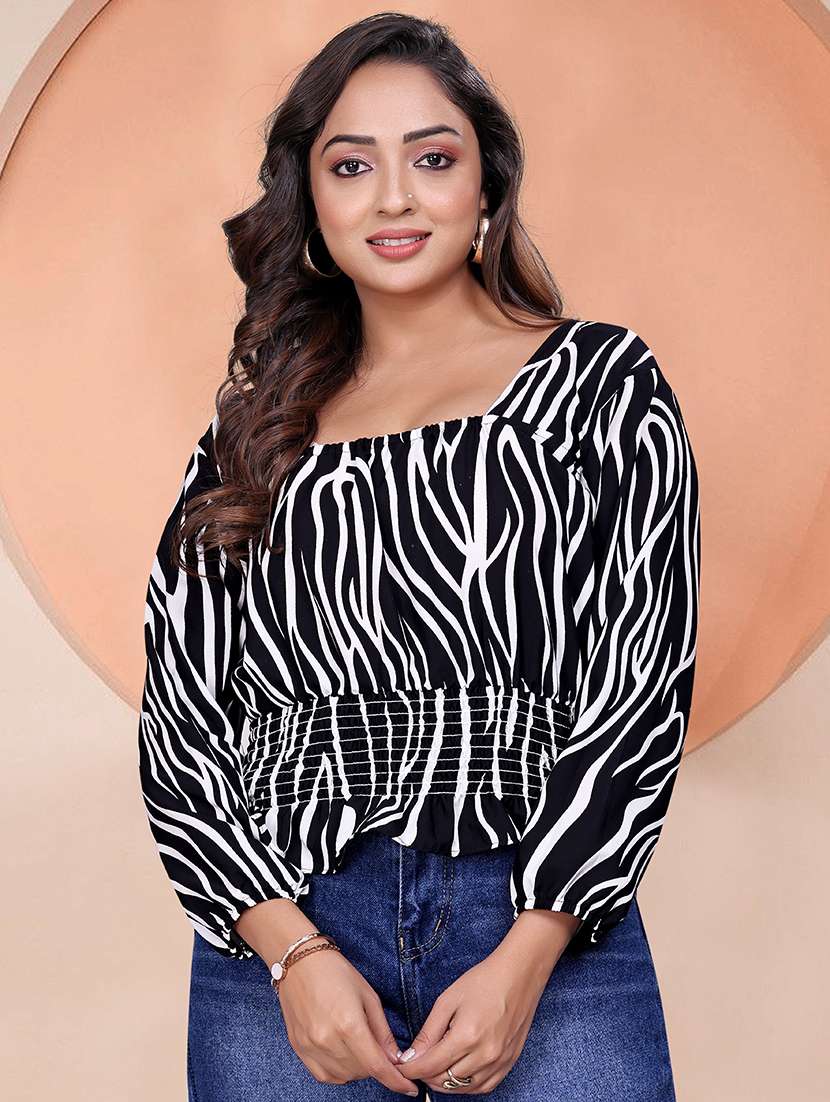 women printed puff sleeve smocked top