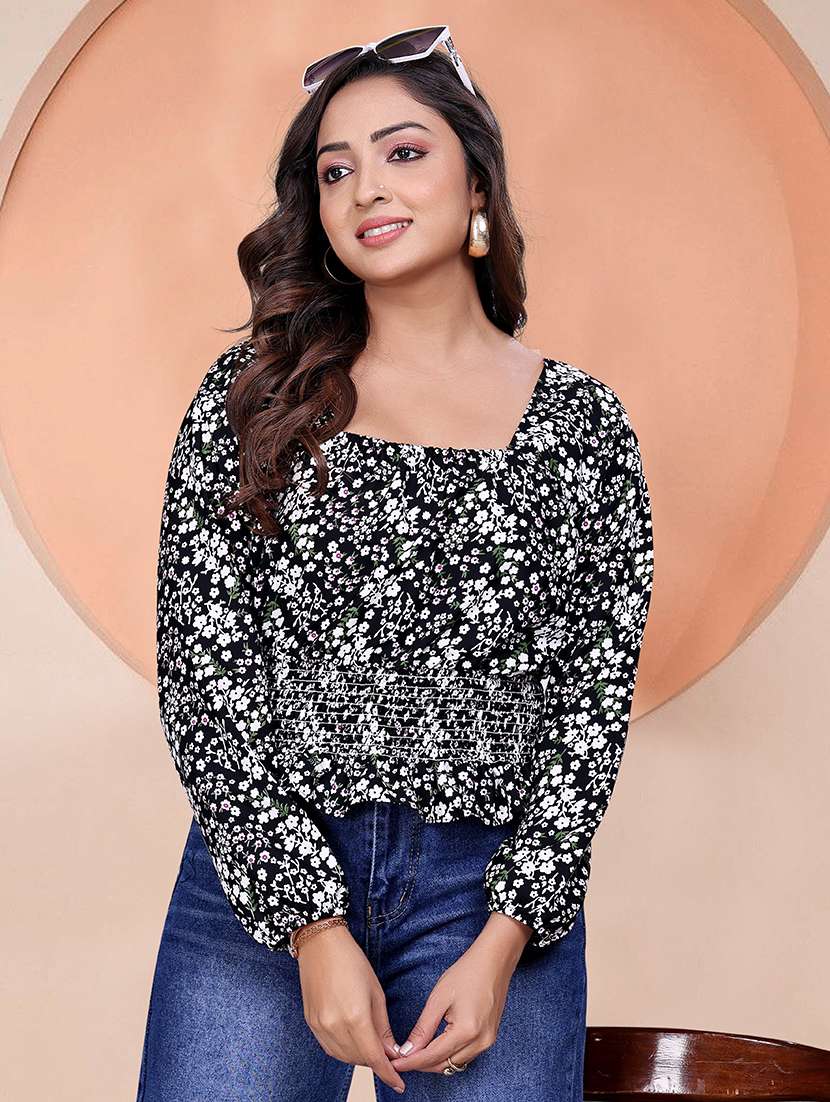 women printed puff sleeve smocked top