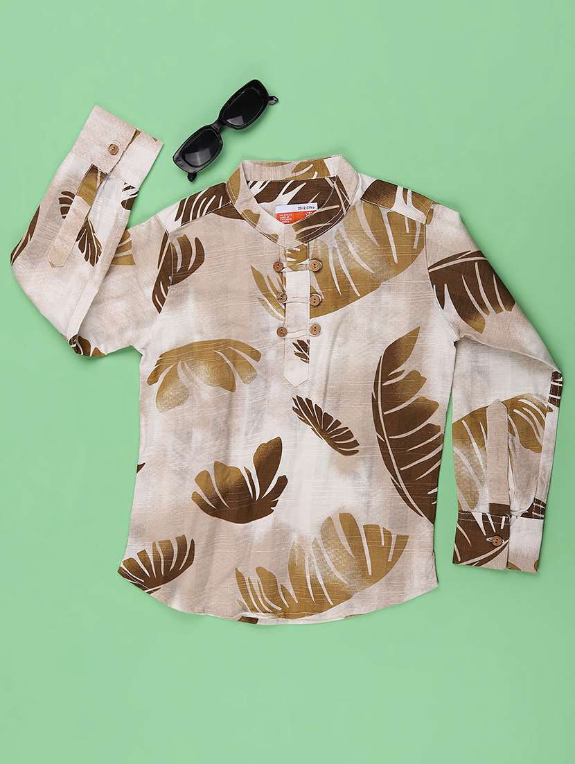 boys printed long sleeve kurta & pyjama set
