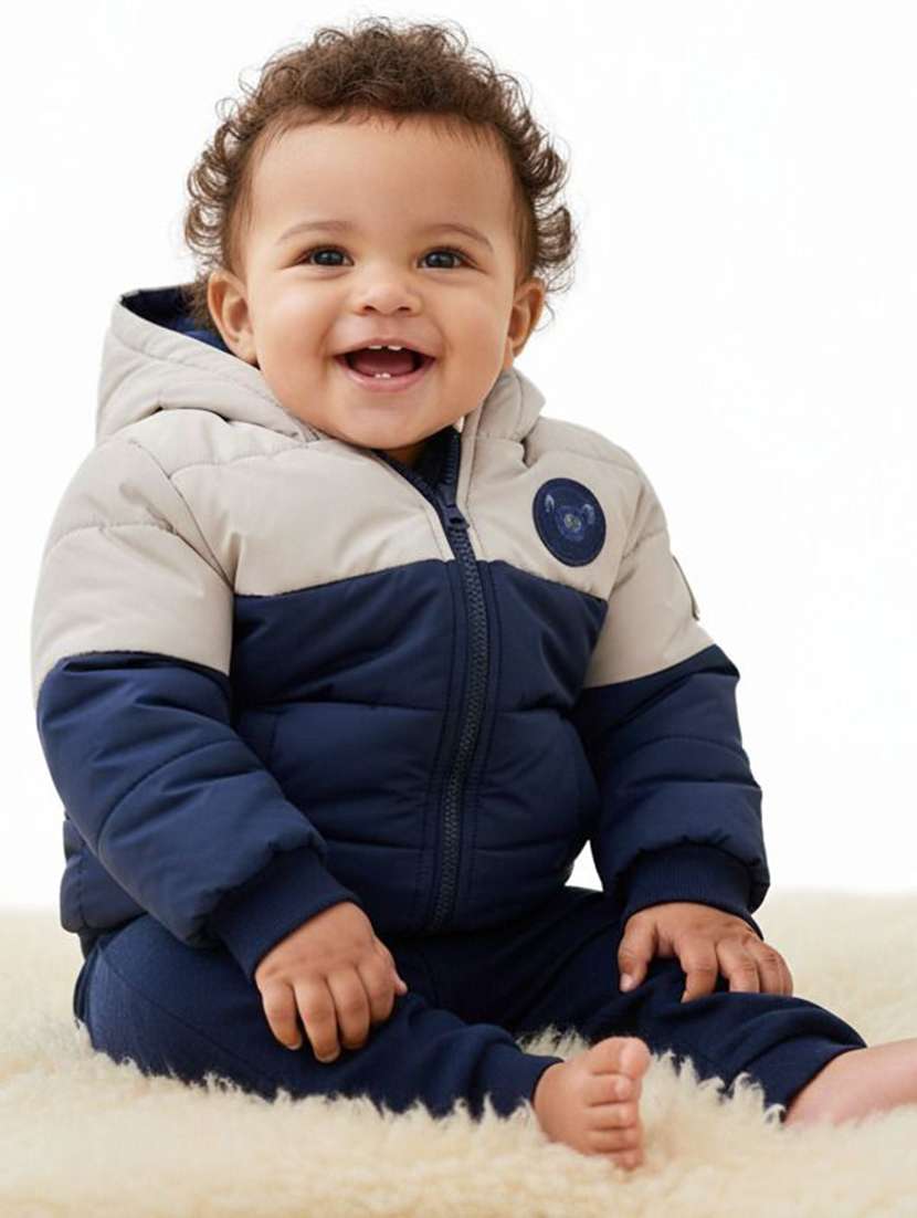 boys color blocked hooded quilted jacket