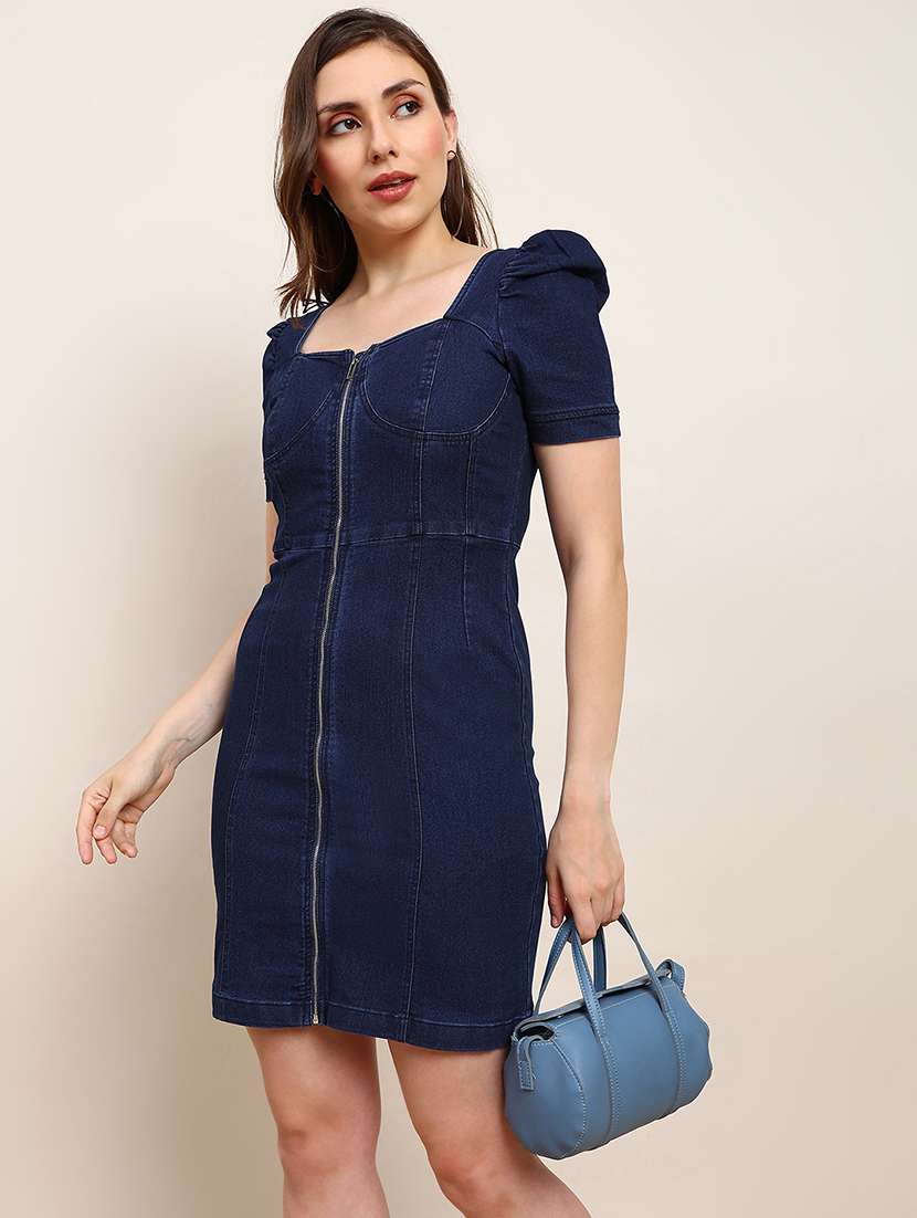 women solid puff sleeve denim bodycon dress