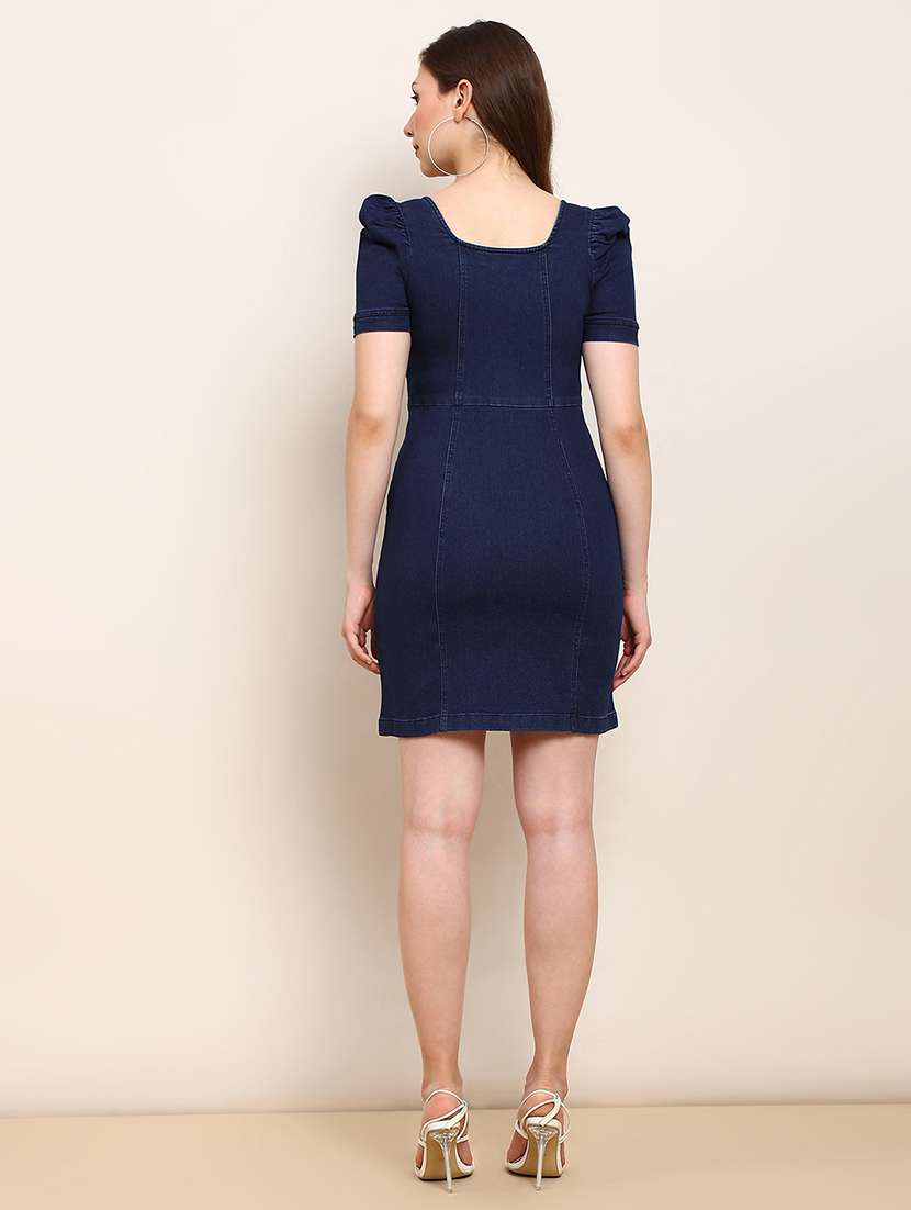 women solid puff sleeve denim bodycon dress - 22277449 -  Standard Image - 3
