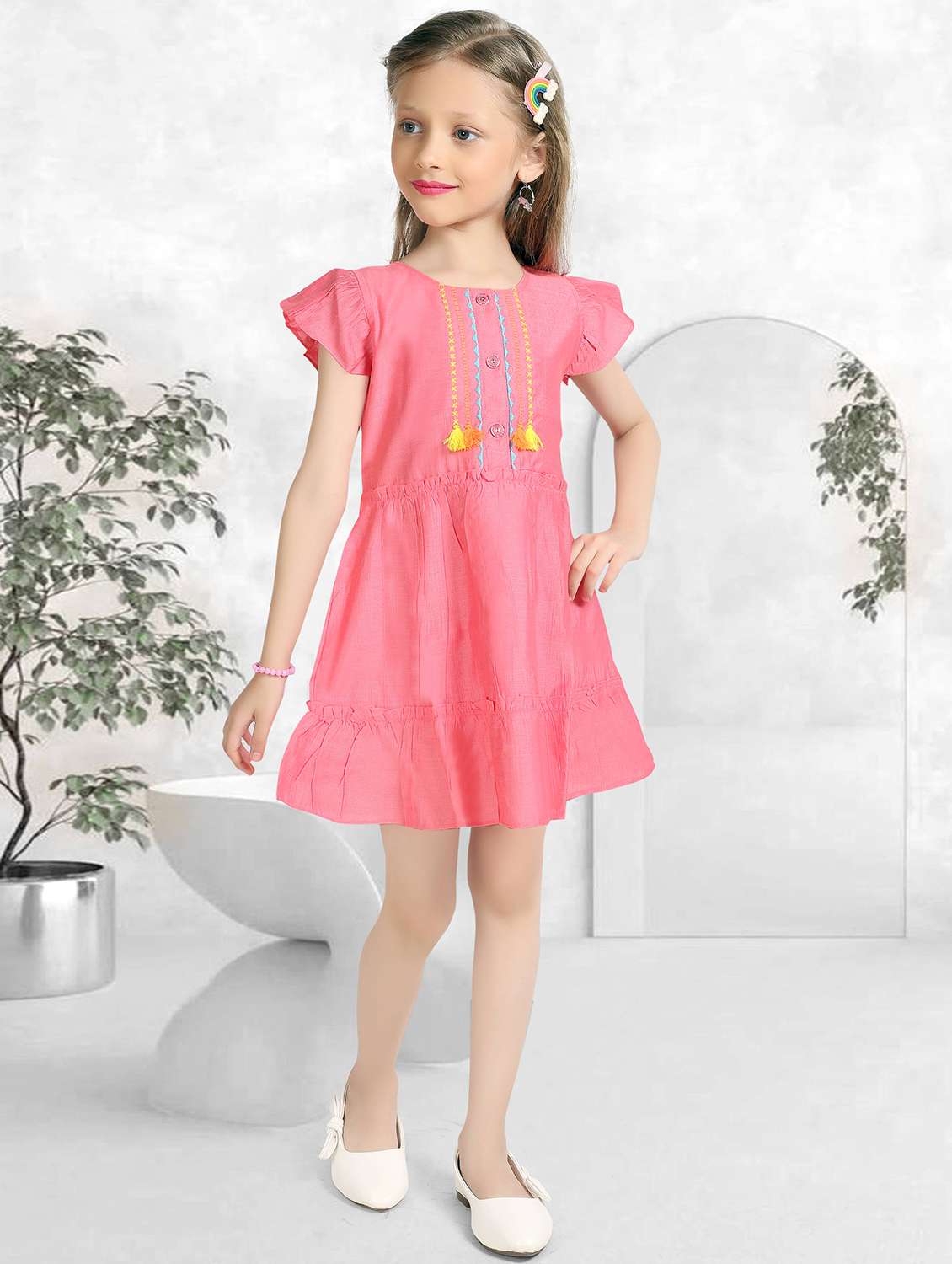 girls embroidered short sleeve tiered frock