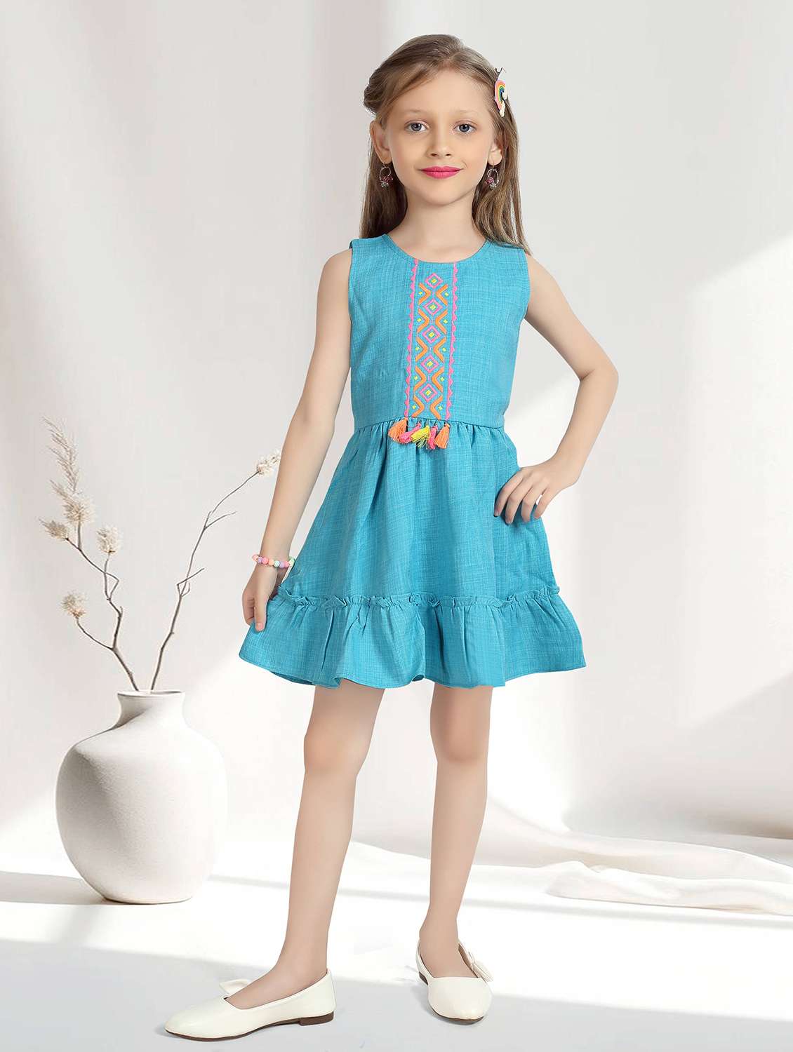 girls embroidered short sleeve tiered frock