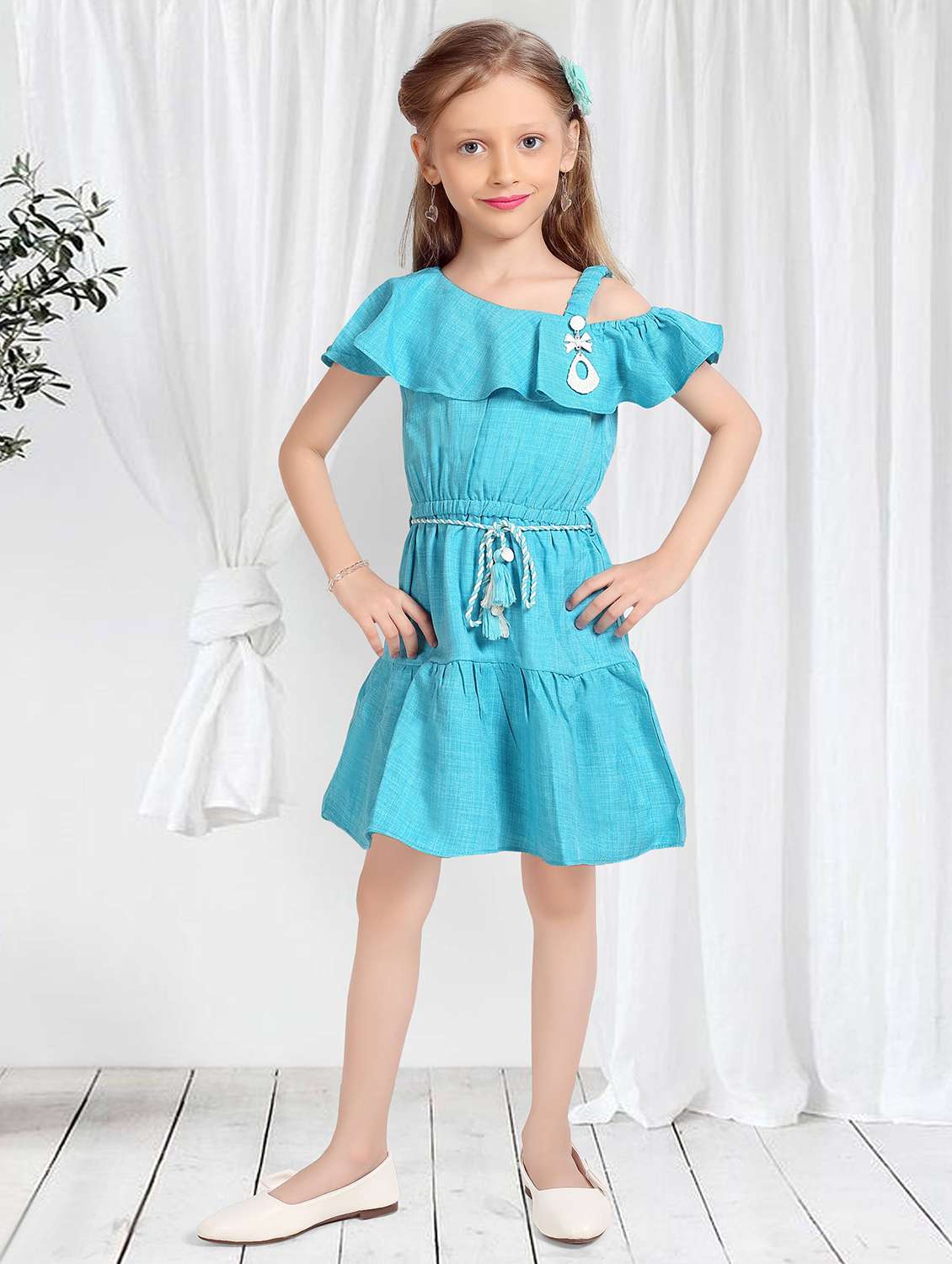 girls solid off shoulder tiered frock