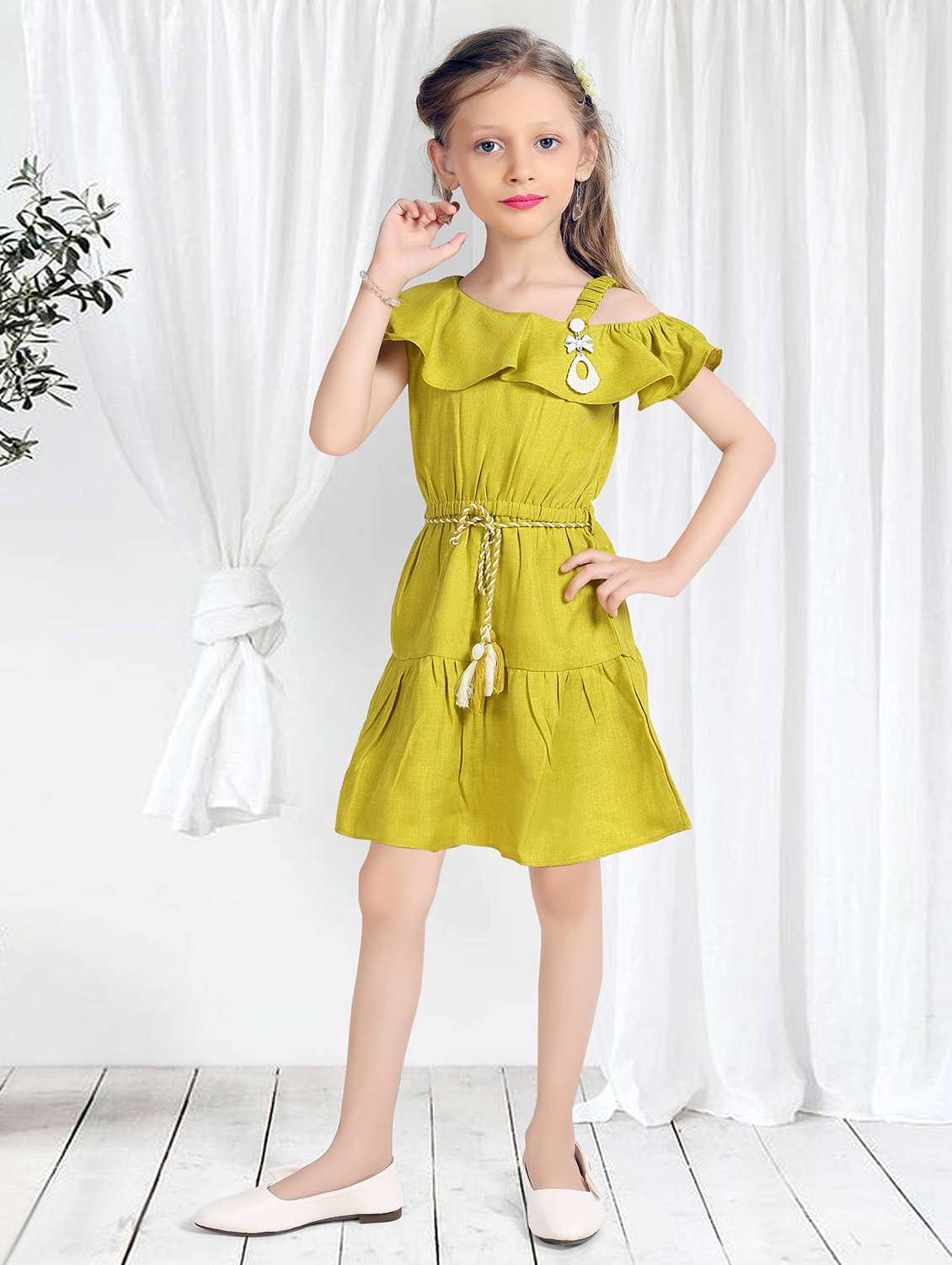 girls solid off shoulder tiered frock