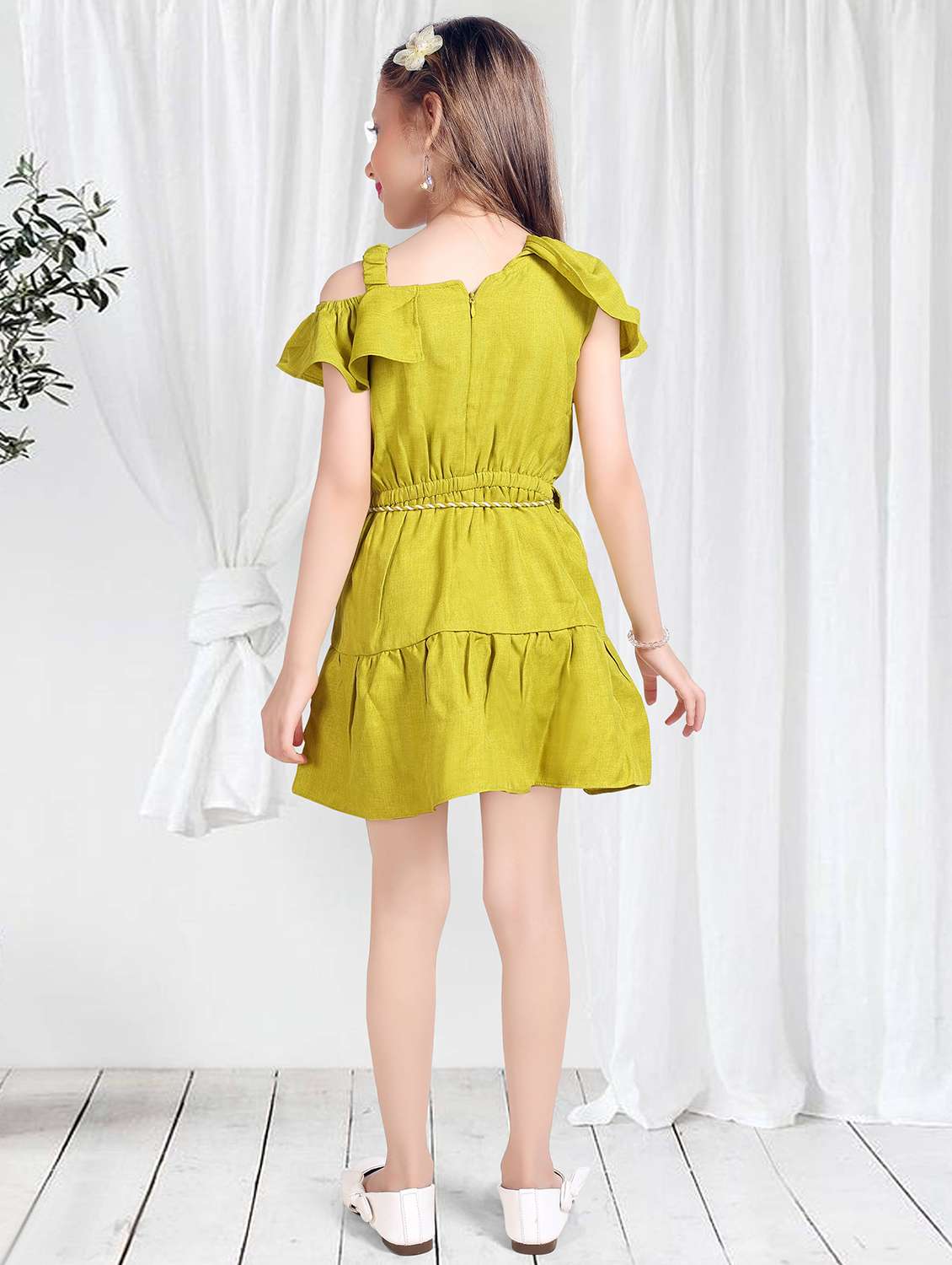 girls solid off shoulder tiered frock - 22277516 -  Standard Image - 3