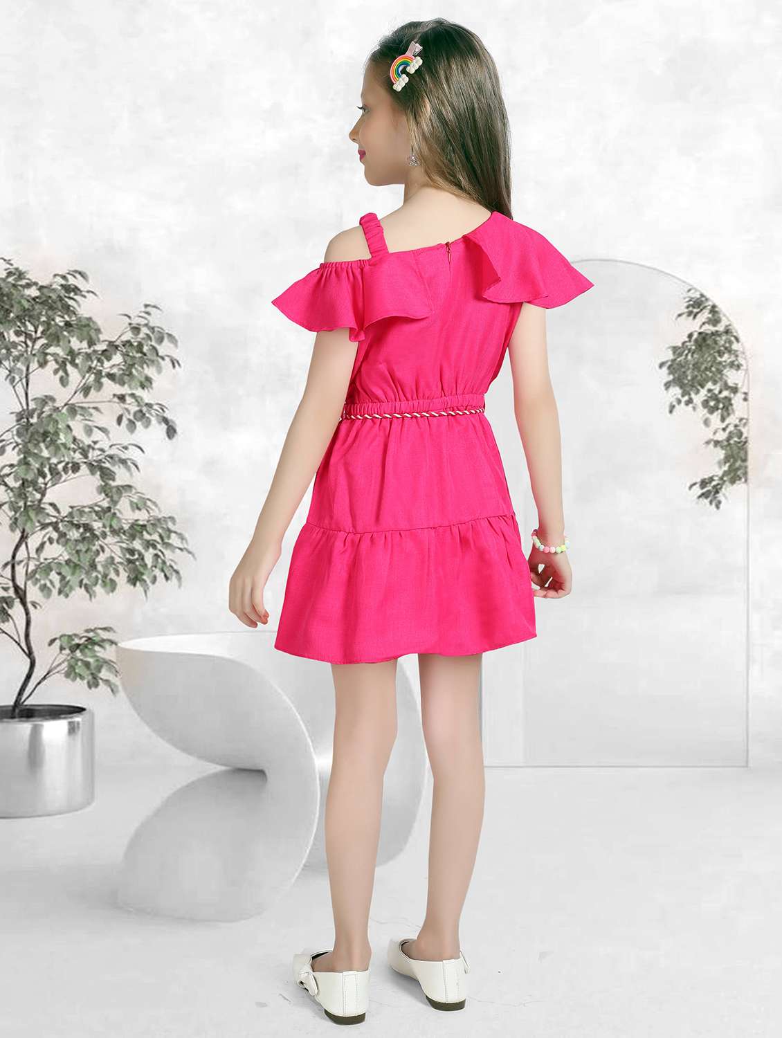 girls solid off shoulder tiered frock - 22277517 -  Standard Image - 3