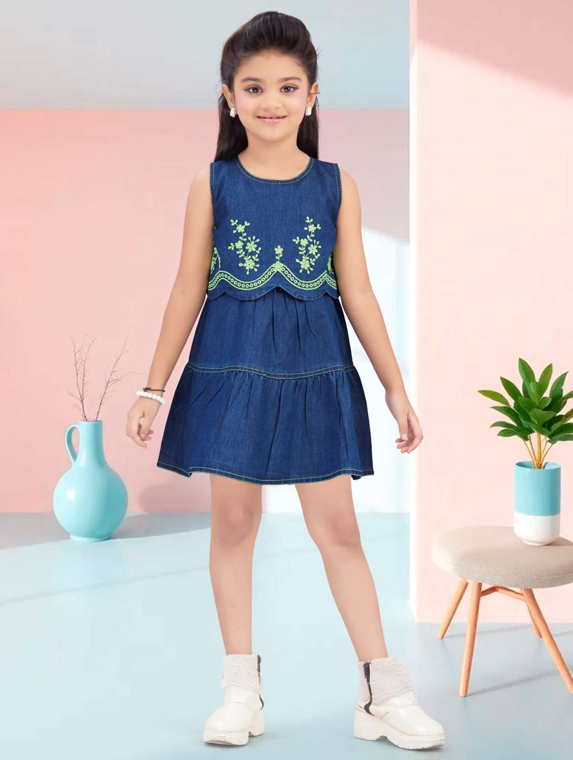 girls embroidered sleeveless denim tiered dress