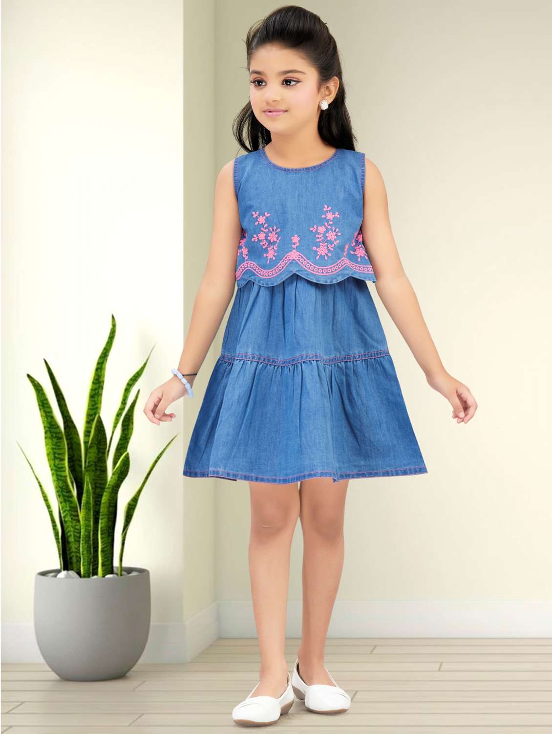 girls embroidered sleeveless denim tiered dress