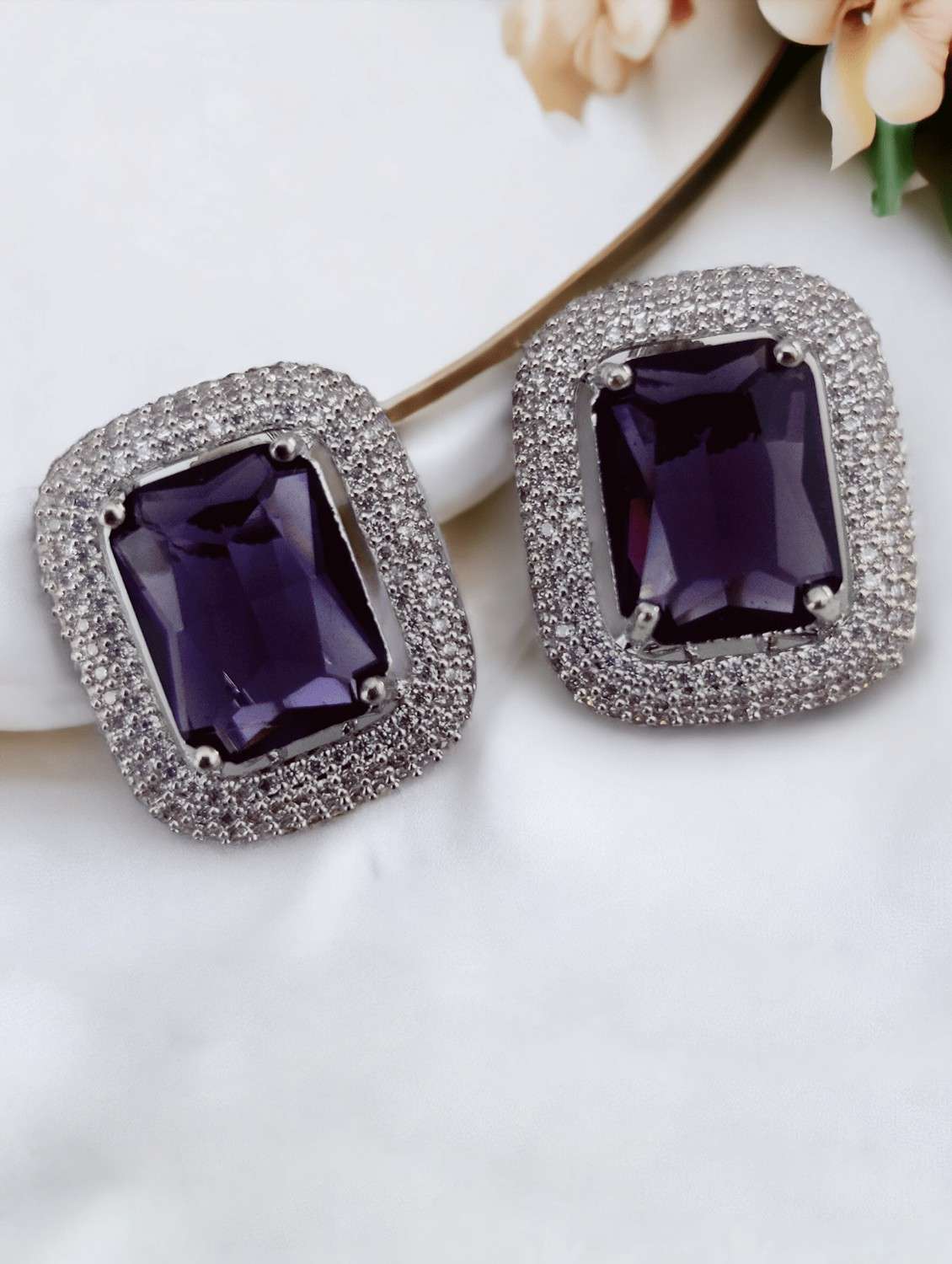 women purple brass studs earring