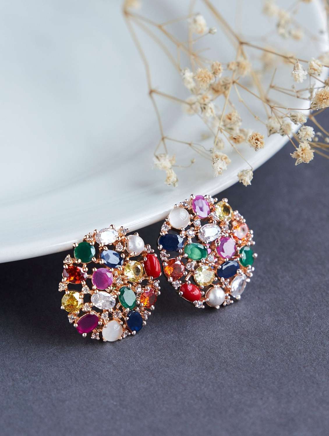 women multi colored brass studs earring