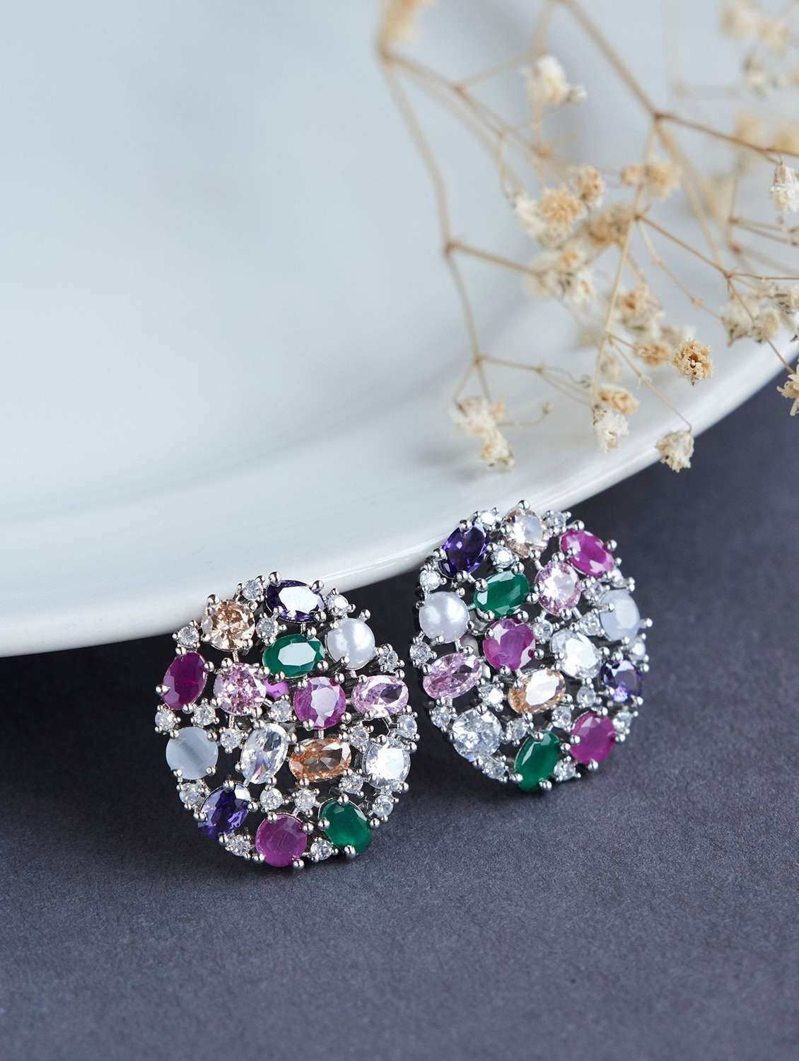 women multi colored brass studs earring