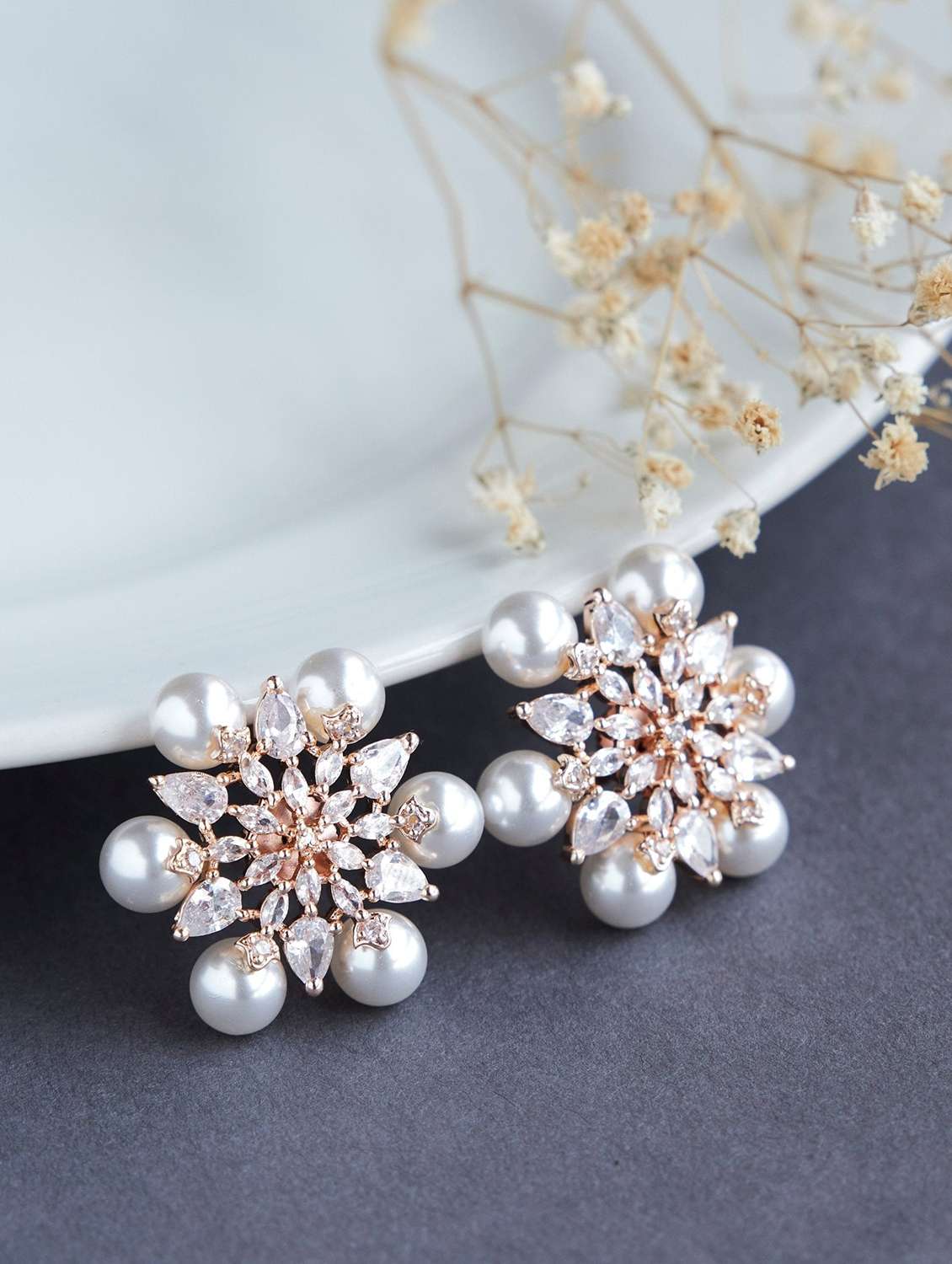 elegant beauty white pearl rose gold plated studs