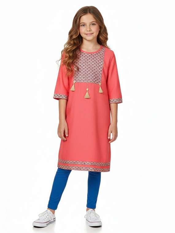 girls printed three quarter sleeve straight kurta