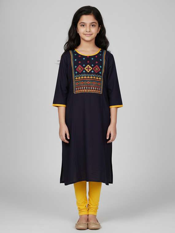 girls printed three quarter sleeve straight kurta