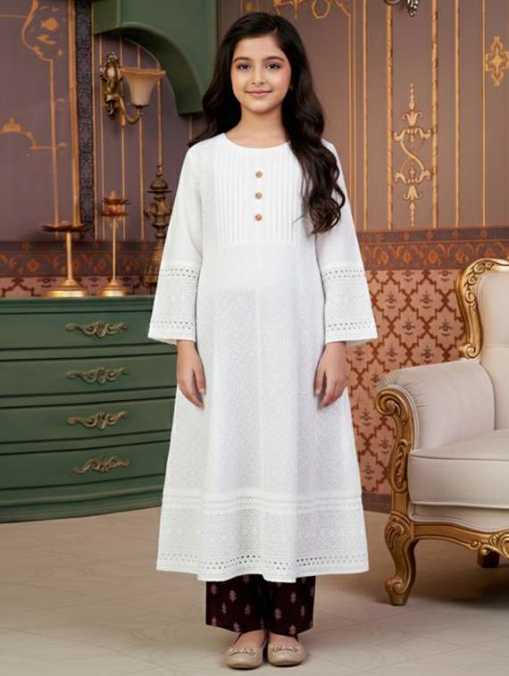 girls self designed long sleeve flared kurta