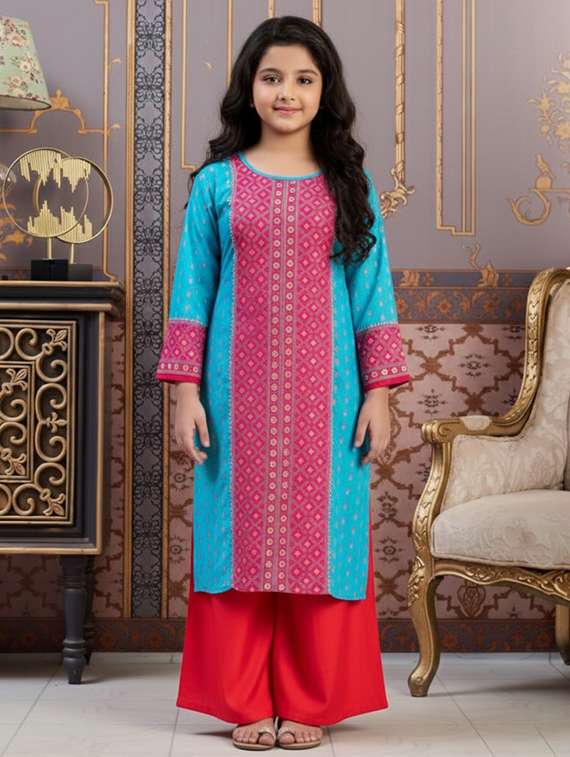 girls printed bell sleeve straight kurta