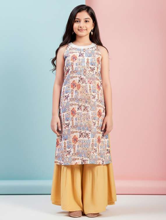 girls printed sleeveless straight kurta