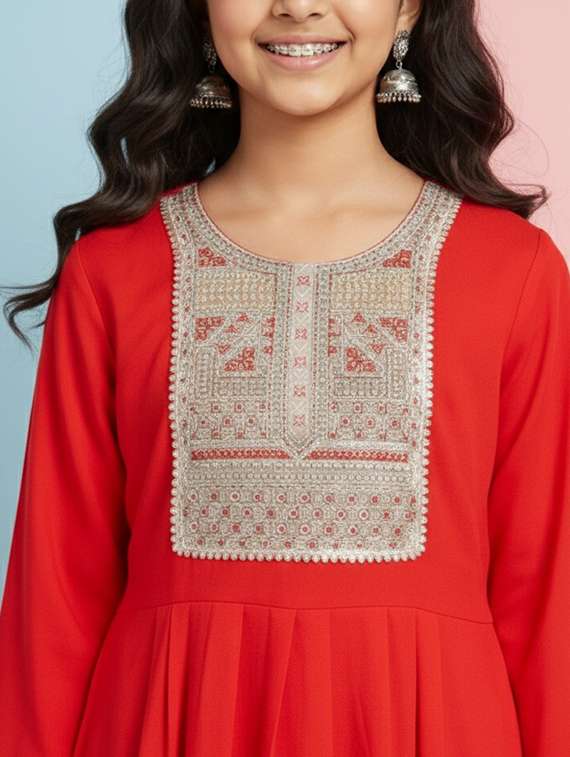 girls three quarter sleeve a-line kurta - 22278387 -  Standard Image - 3