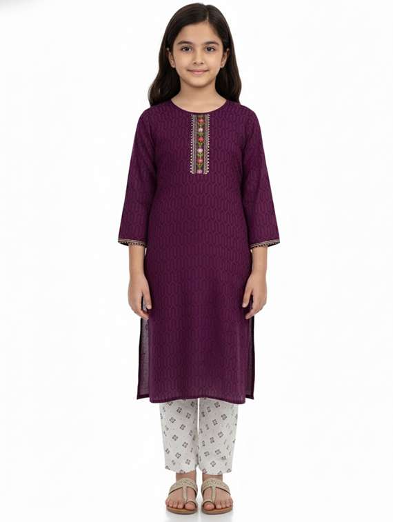 girls self design three quarter sleeve kurta