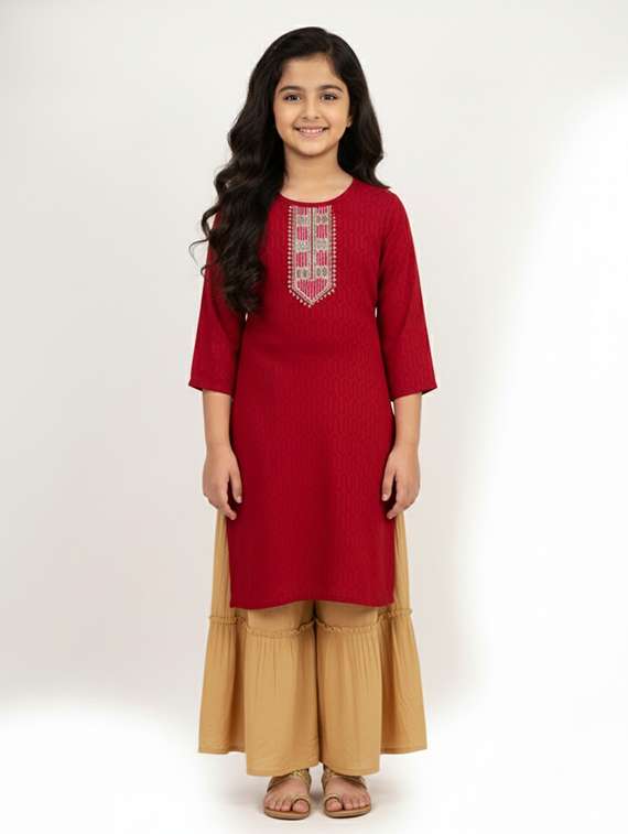 girls self design three quarter sleeve kurta