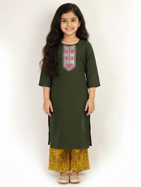 girls self design three quarter sleeve kurta