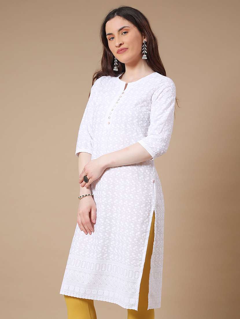 white cotton straight kurta - 22278559 -  Standard Image - 3