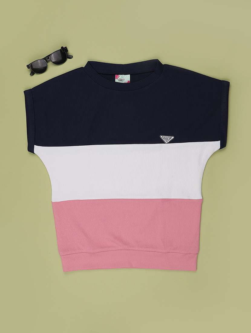 girls colourblocked round neck tee