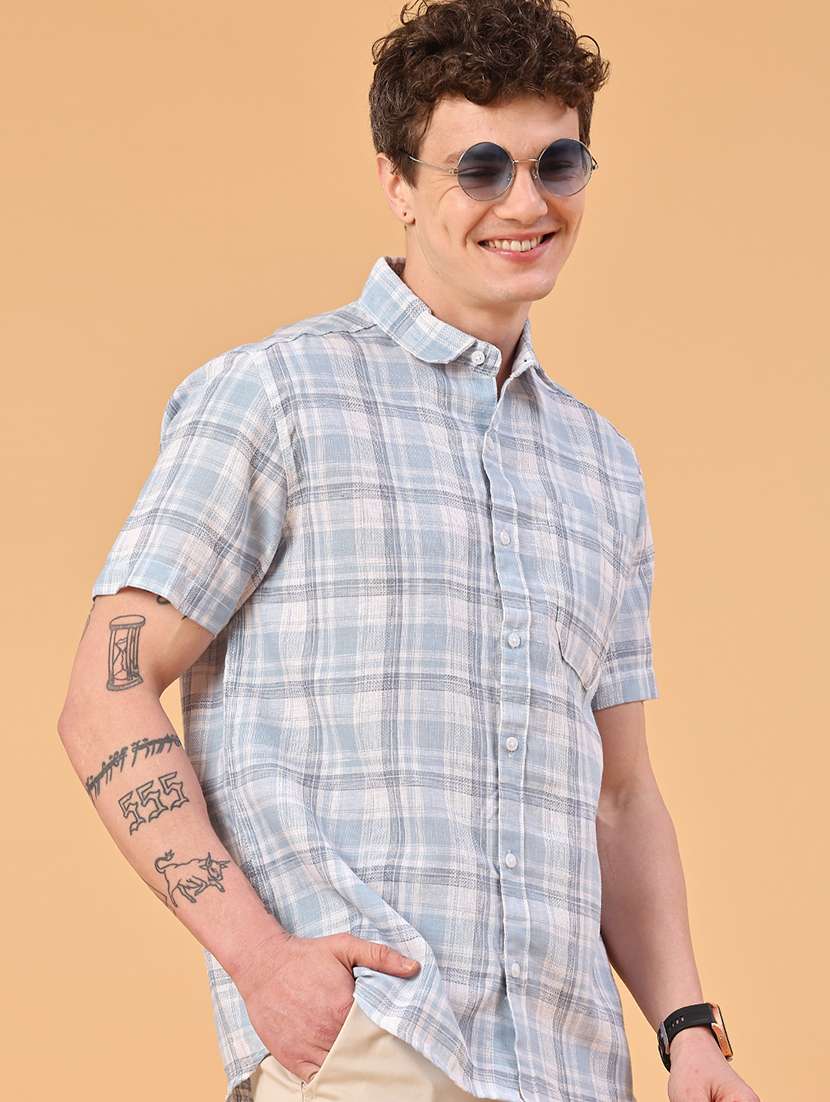 men checkered short sleeve regular fit casual shirt