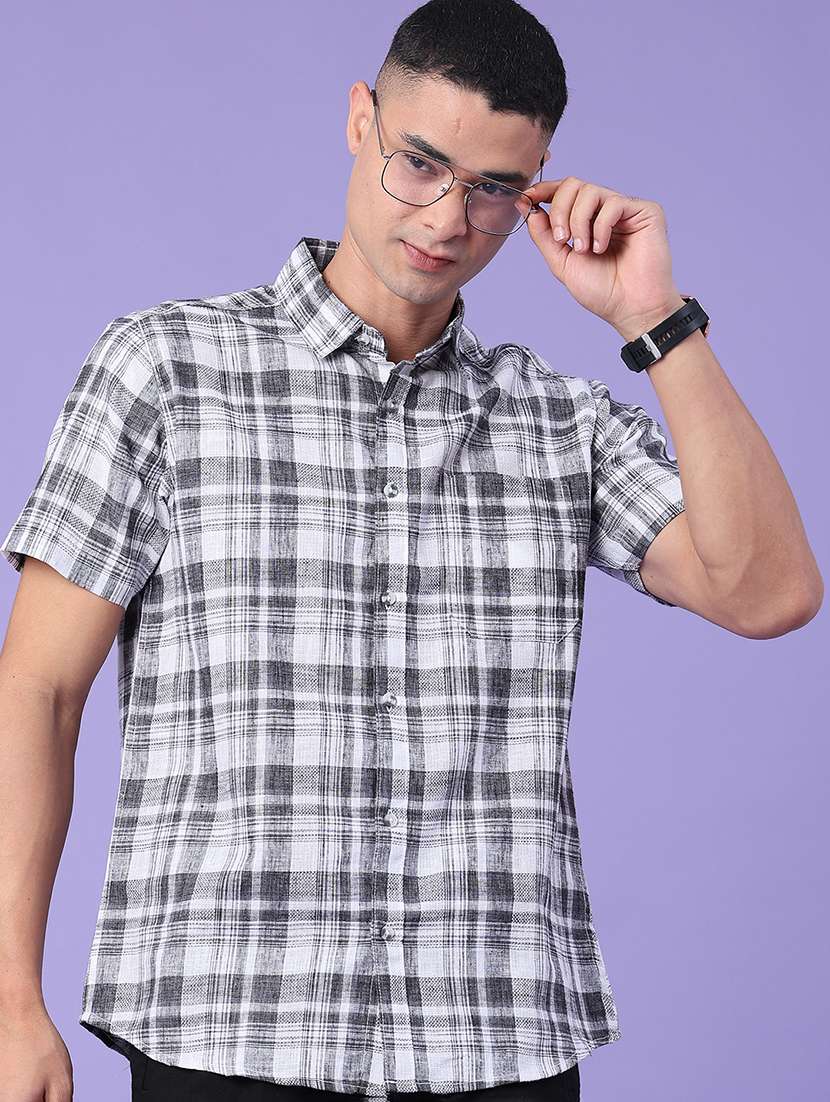 men checkered short sleeve regular fit casual shirt